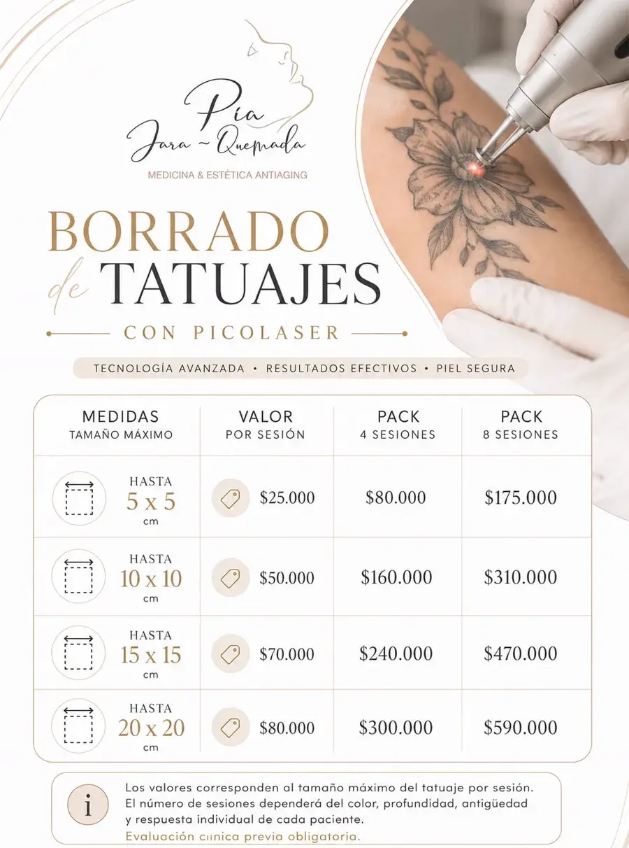 Precios borrado de tatuajes con picol&aacute;ser en Maip&uacute; seg&uacute;n tama&ntilde;o: desde $25.000 por sesi&oacute;n hasta 5x5 cm