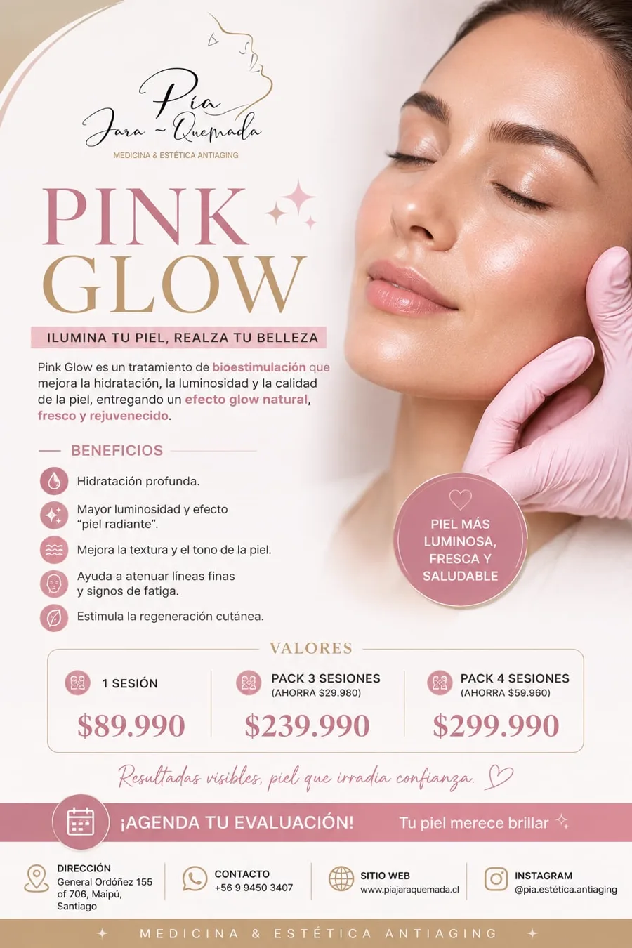 Valores Pink Glow bioestimulaci&oacute;n en Maip&uacute;: 1 sesi&oacute;n $89.990, pack 3 sesiones $239.990 y pack 4 sesiones $299.990